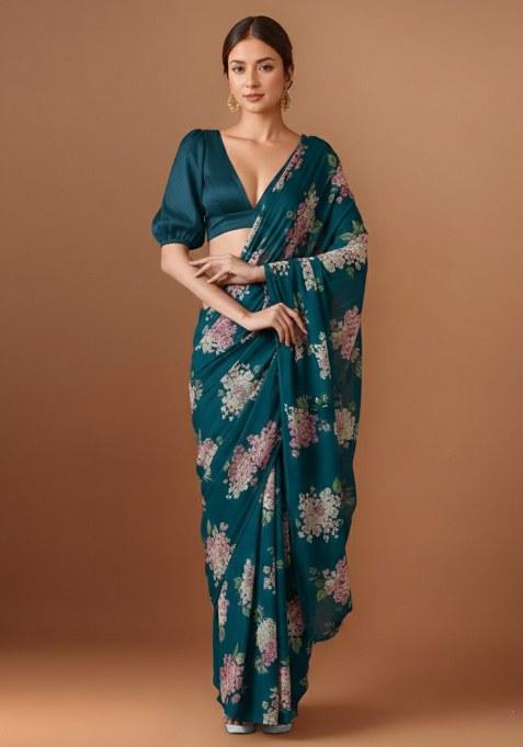 Teal Blue Floral Print Georgette Pre Draped Saree Set