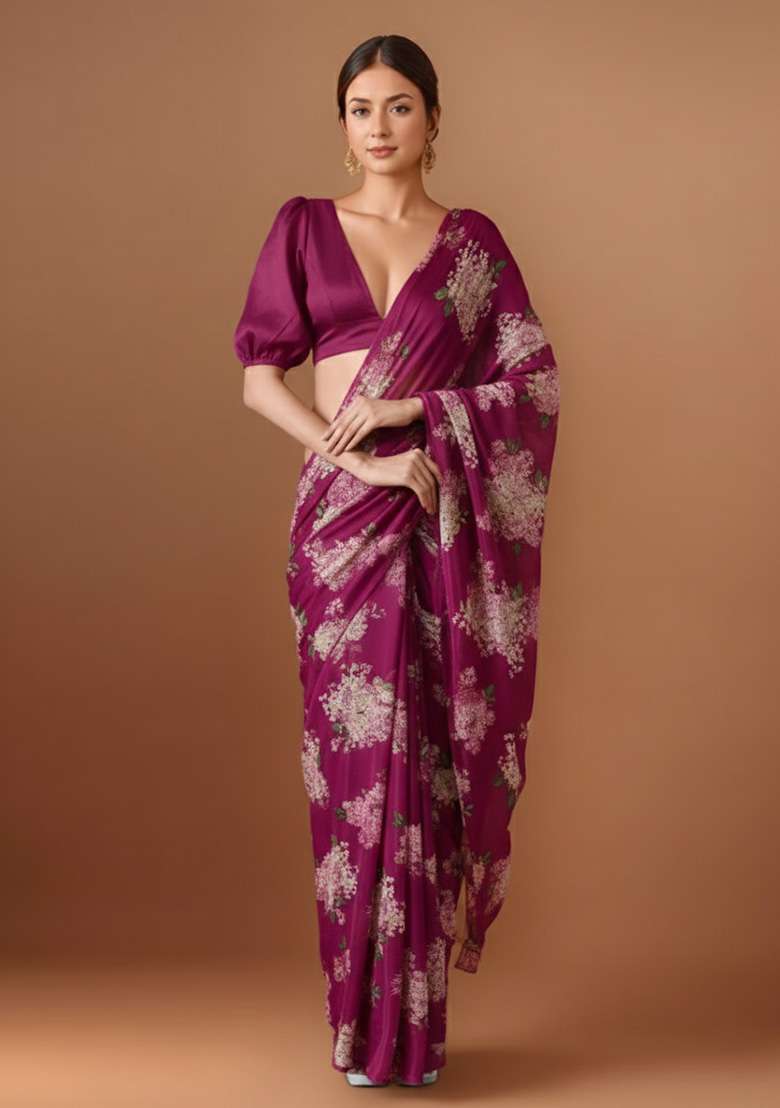 Rani Pink Floral Print Georgette Pre Draped Saree Set - Indya