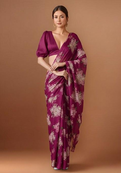 Rani Pink Floral Print Georgette Pre Draped Saree Set