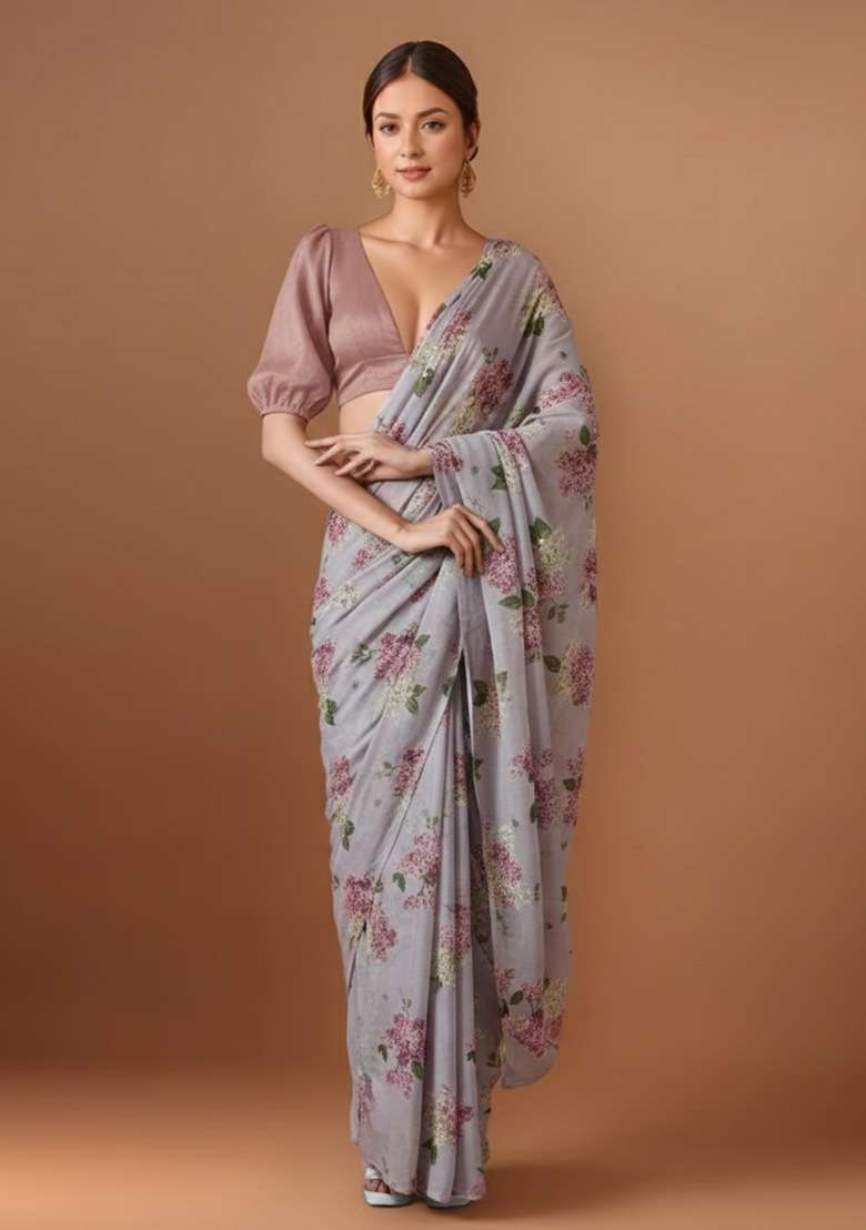 Soft Grey Floral Print Georgette Pre Draped Saree Set - Indya