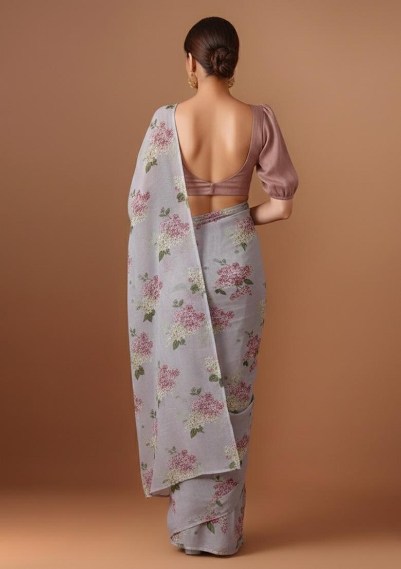Soft Grey Floral Print Georgette Pre Draped Saree Set - Indya