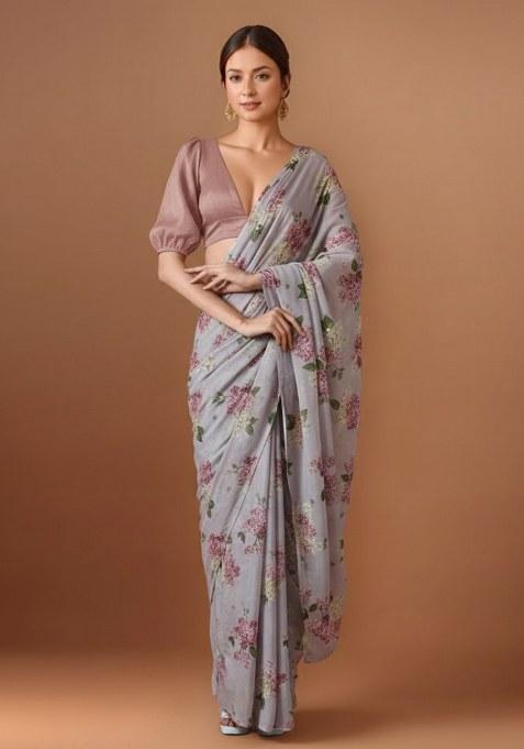 Soft Grey Floral Print Georgette Pre Draped Saree Set