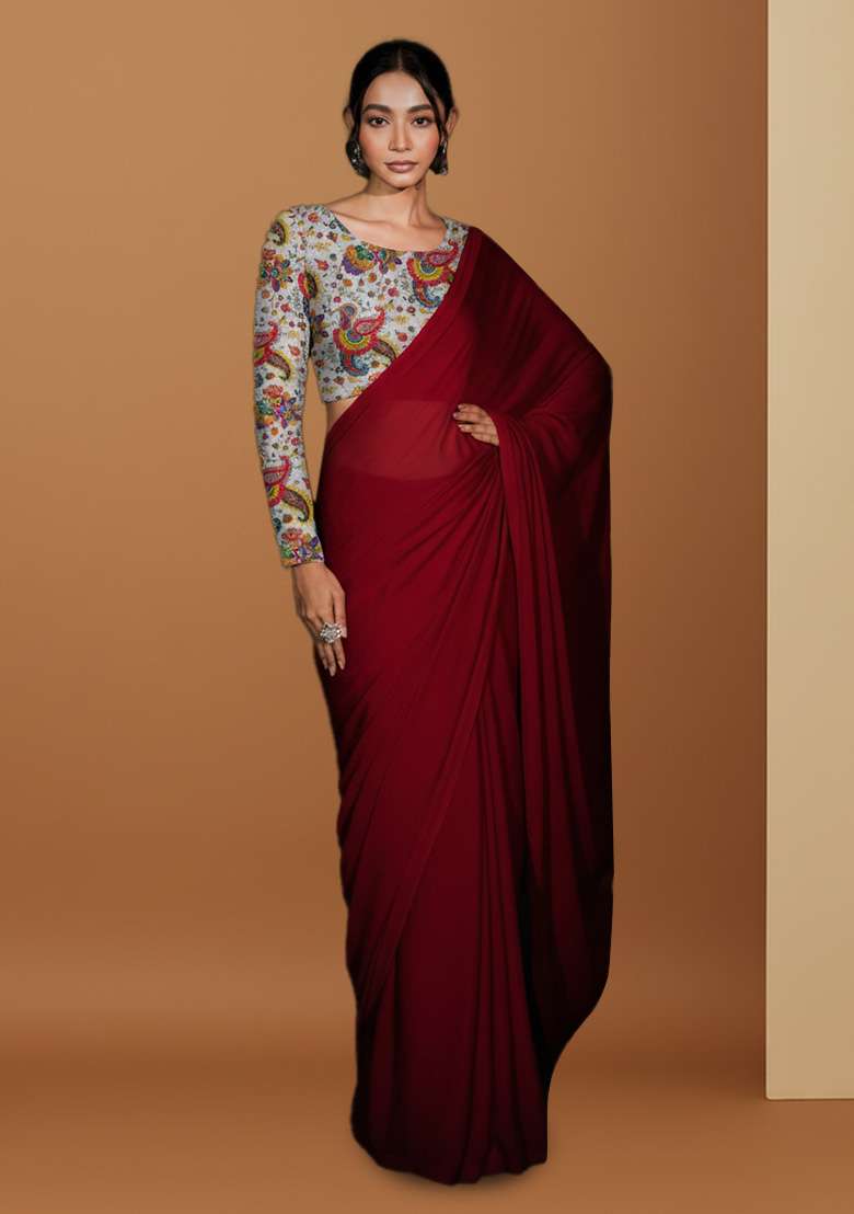 Red Crepe Pre Draped Saree Set with Floral Print for Diwali | Wedding & Festive Wear - Indya