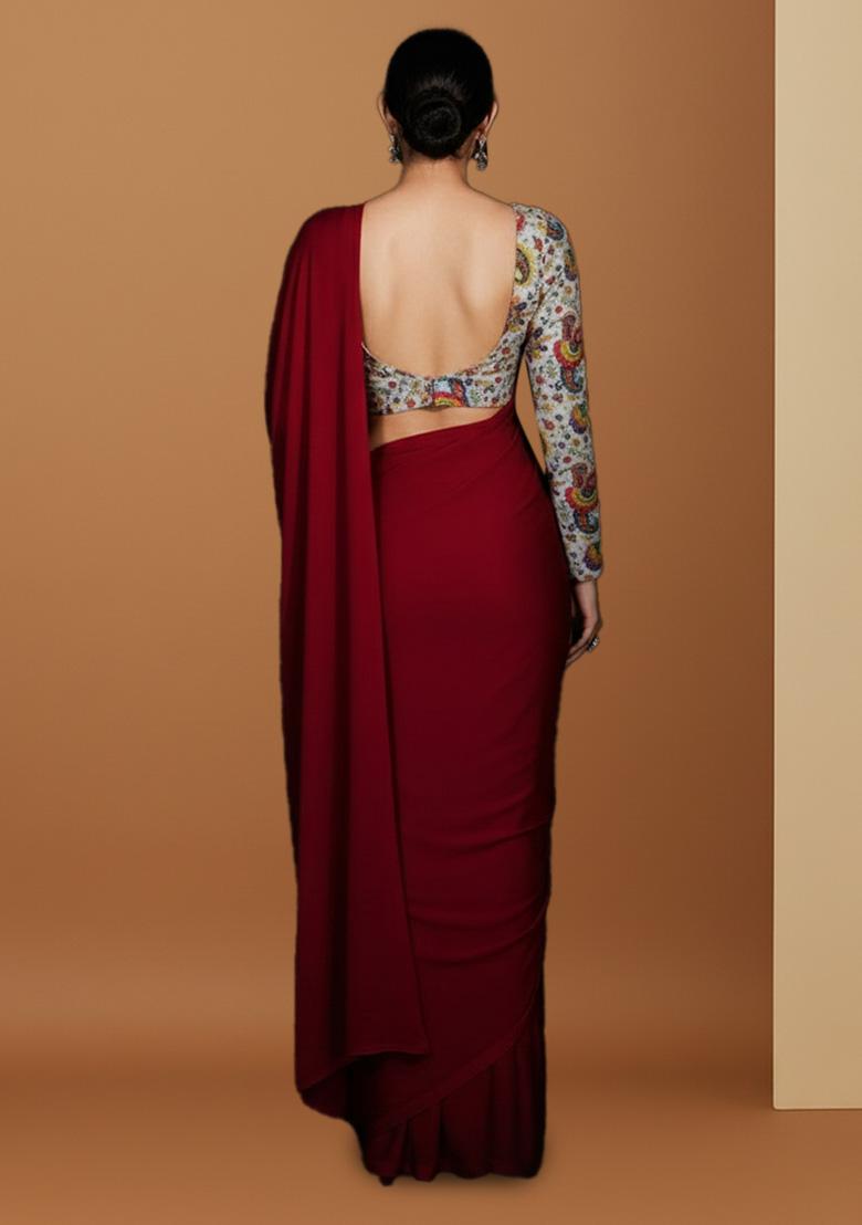 Red Floral Print Crepe Pre Draped Saree Set - Indya