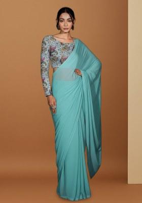 Sky Blue Floral Print Crepe Pre Draped Saree Set
