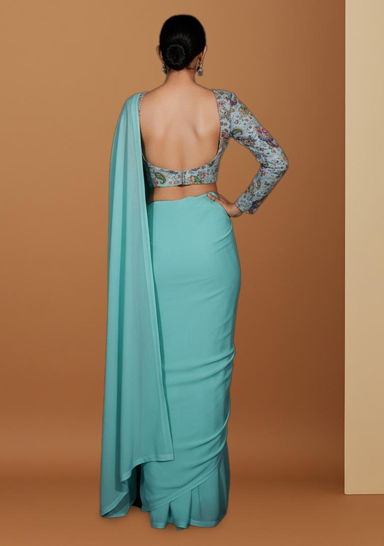 Sky Blue Floral Print Crepe Pre Draped Saree Set - Indya