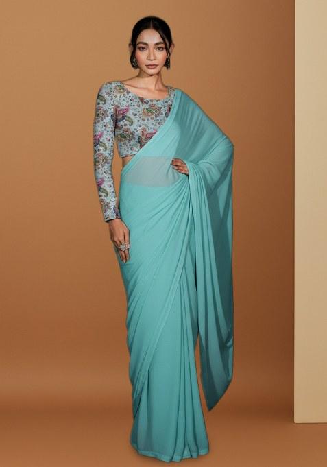 Sky Blue Floral Print Crepe Pre Draped Saree Set