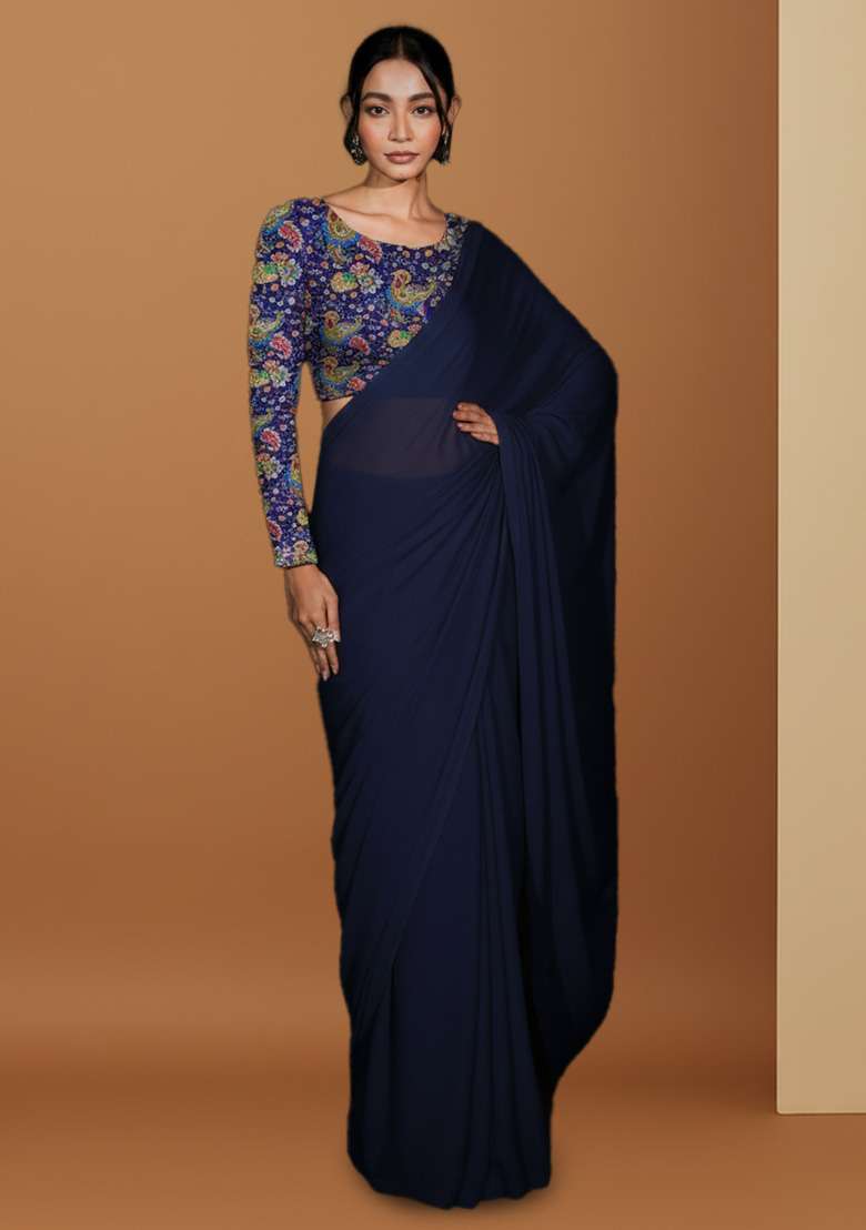 Navy Blue Crepe Pre Draped Saree Set with Floral Print for Diwali | Wedding & Festive Wear - Indya