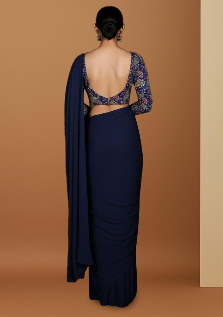 Navy Blue Floral Print Crepe Pre Draped Saree Set - Indya