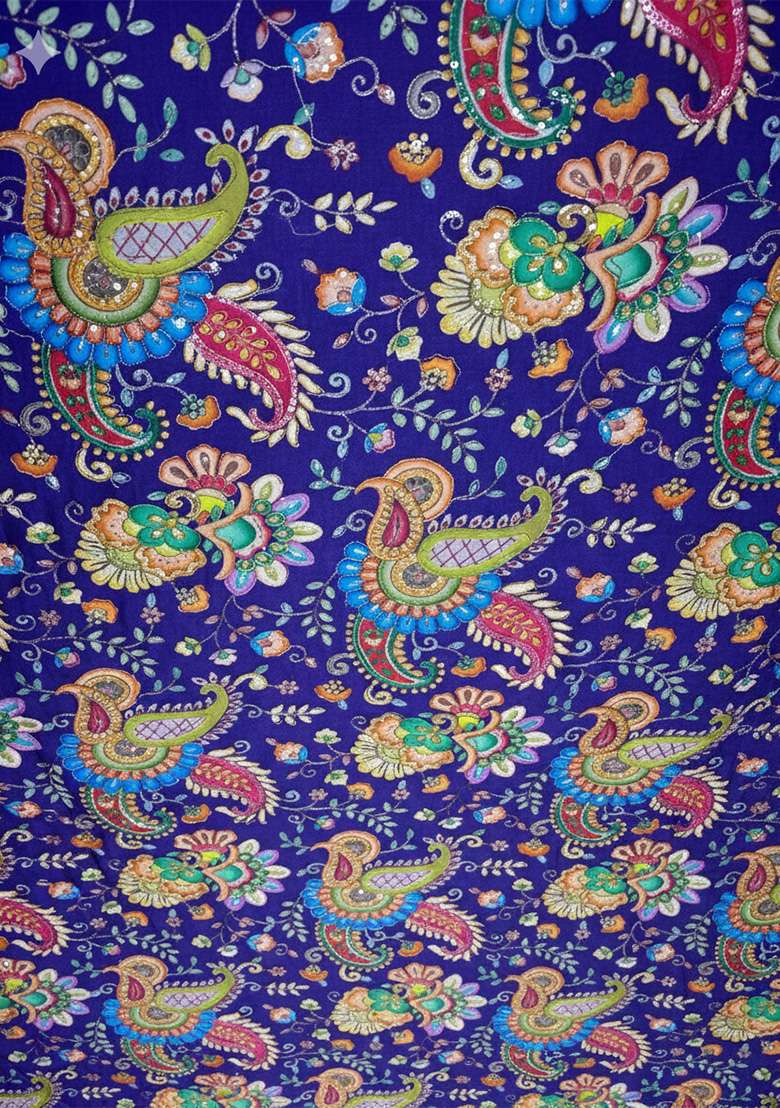 Navy Blue Crepe Pre Draped Saree Set with Floral Print for Diwali | Wedding & Festive Wear - Indya