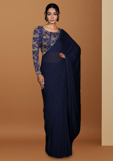 Navy Blue Floral Print Crepe Pre Draped Saree Set