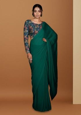 Bottle Green Floral Print Crepe Pre Draped Saree Set