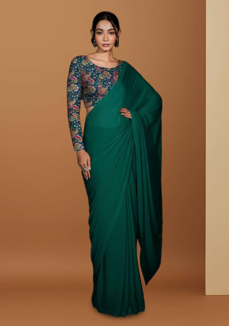 Bottle Green Floral Print Crepe Pre Draped Saree Set for Diwali and Festive Wear - Indya