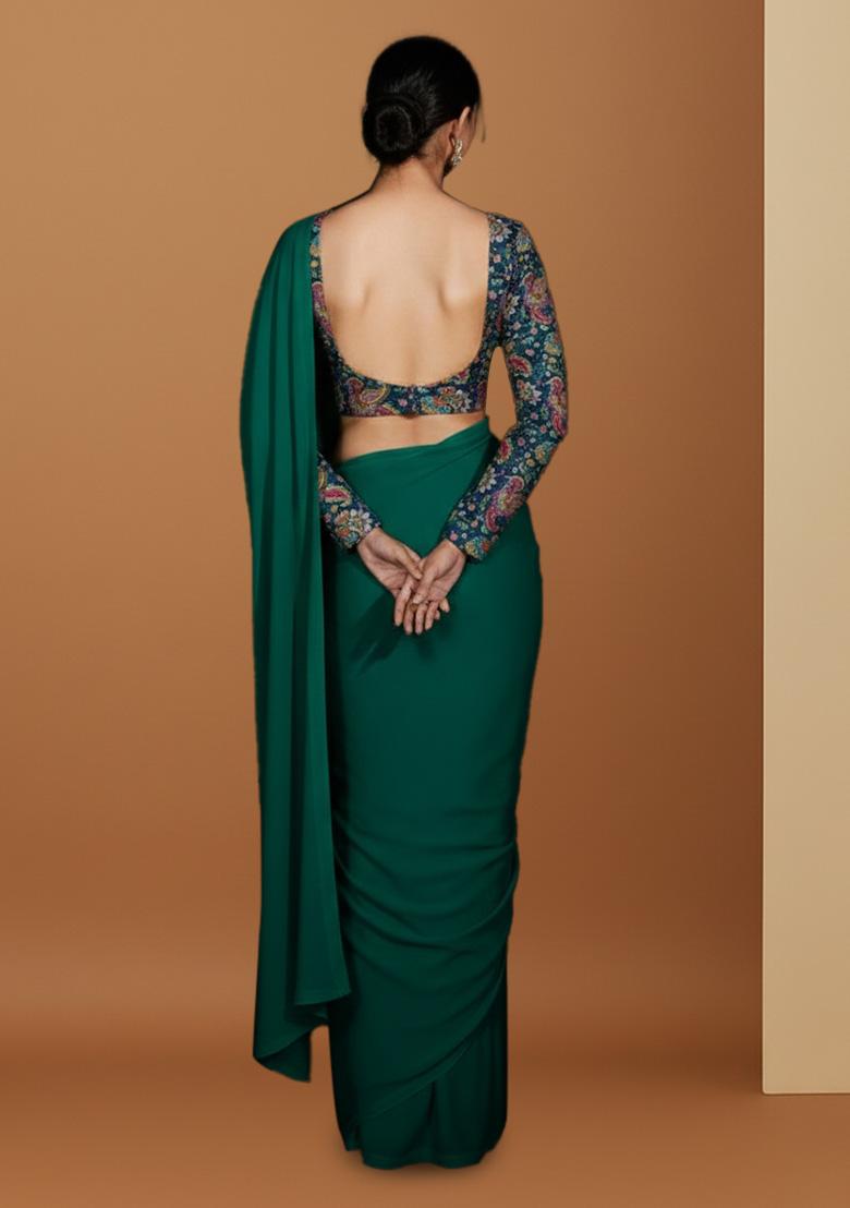 Bottle Green Floral Print Crepe Pre Draped Saree Set - Indya