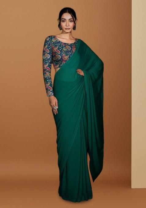 Bottle Green Floral Print Crepe Pre Draped Saree Set