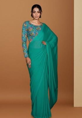 Sea Green Floral Print Crepe Pre Draped Saree Set