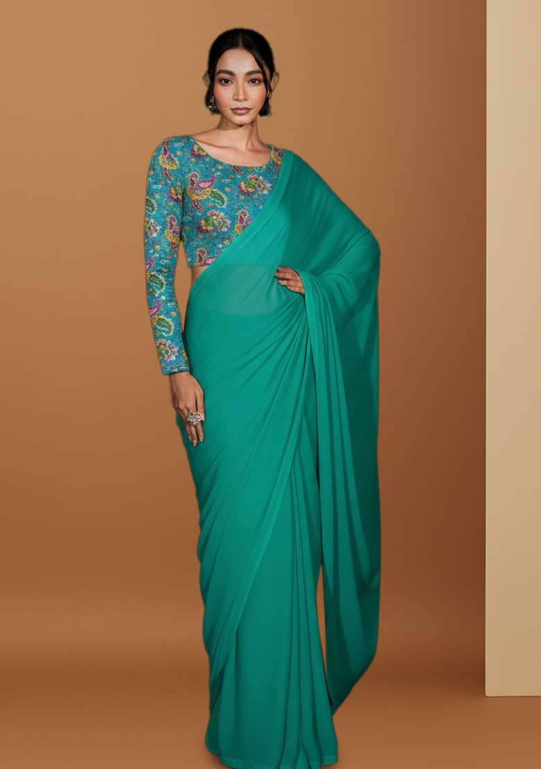 Sea Green Floral Print Crepe Pre Draped Saree Set for Diwali and Festive Wear - Indya