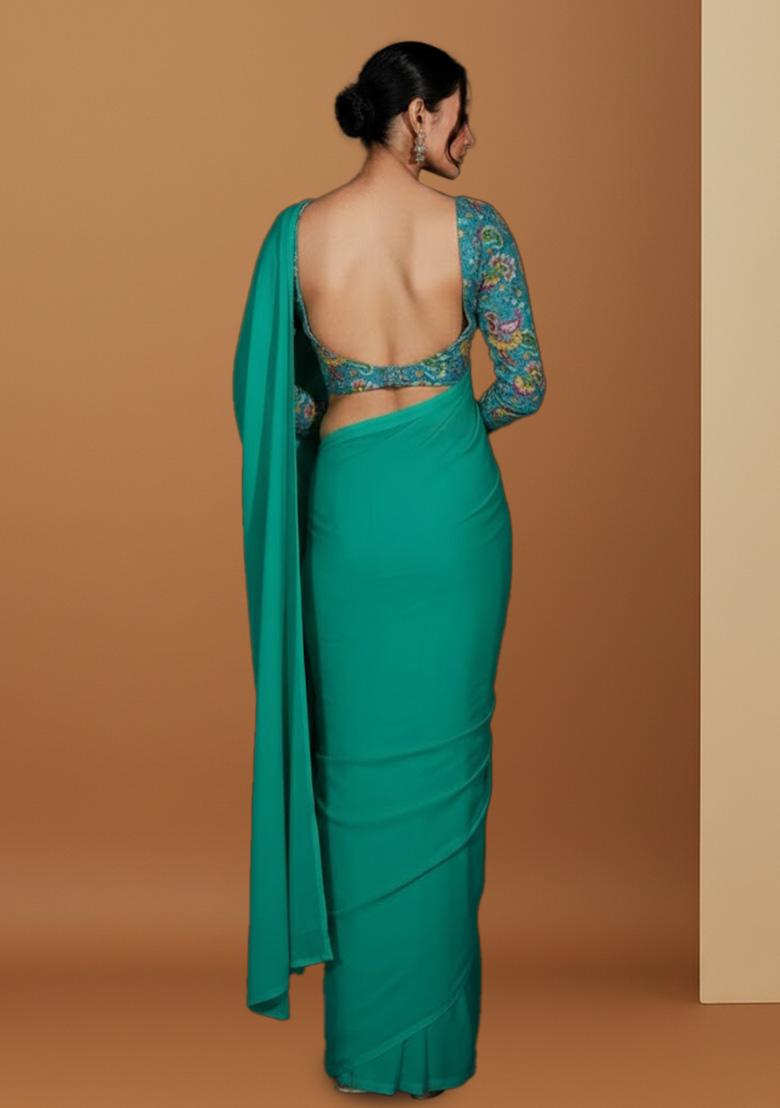 Sea Green Floral Print Crepe Pre Draped Saree Set - Indya