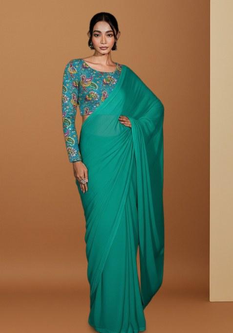 Sea Green Floral Print Crepe Pre Draped Saree Set