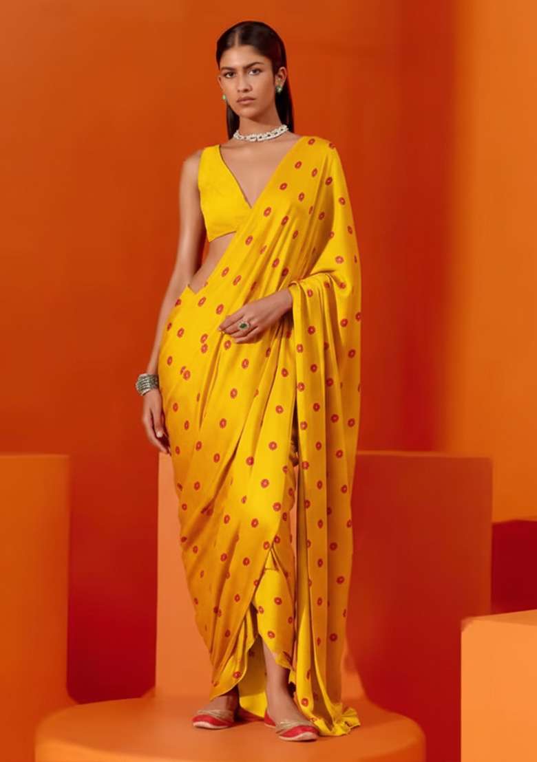 Yellow Floral Print Satin Pre Draped Saree Set - Indya