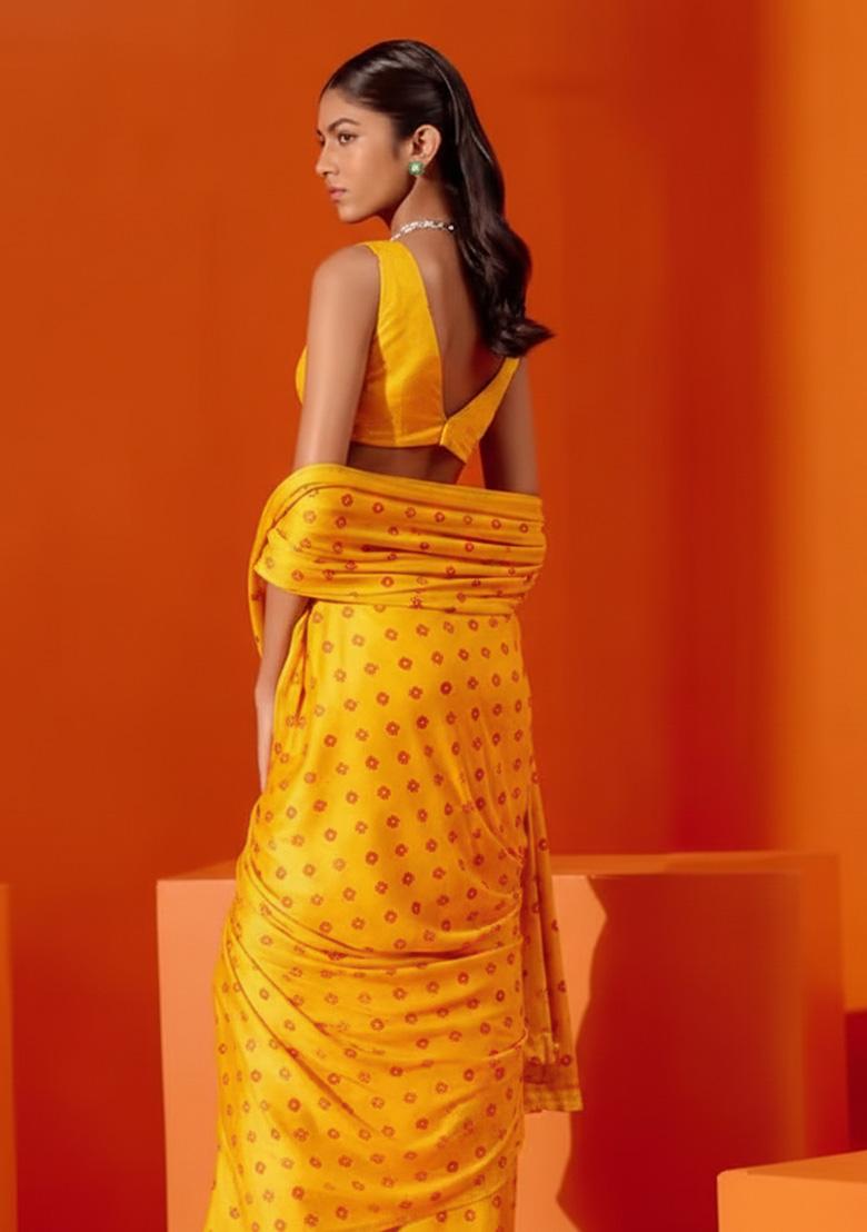 Yellow Floral Print Satin Pre Draped Saree Set - Indya