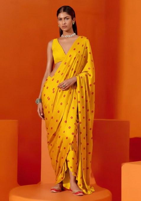 Yellow Floral Print Satin Pre Draped Saree Set