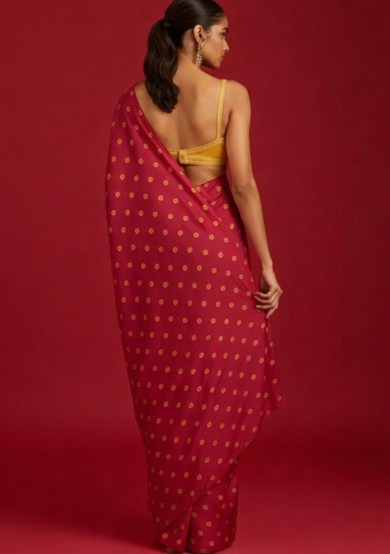 Rani Pink Floral Print Satin Pre Draped Saree Set - Indya