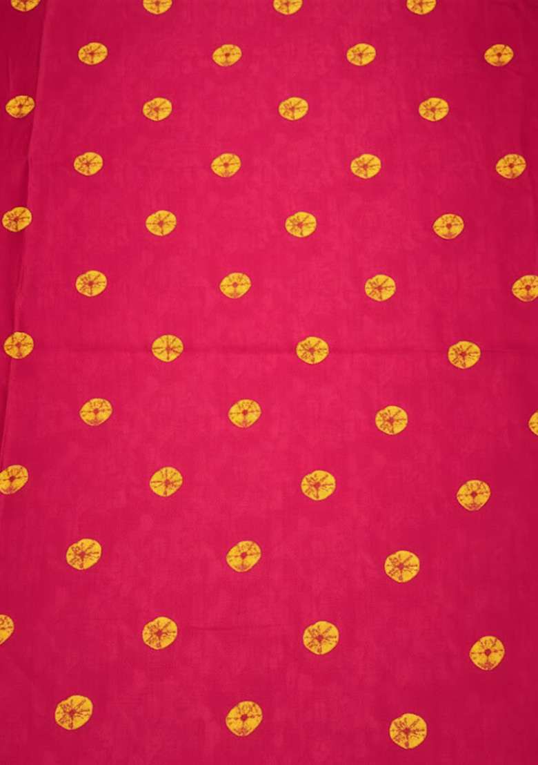 Rani Pink Floral Print Satin Pre Draped Saree Set - Indya