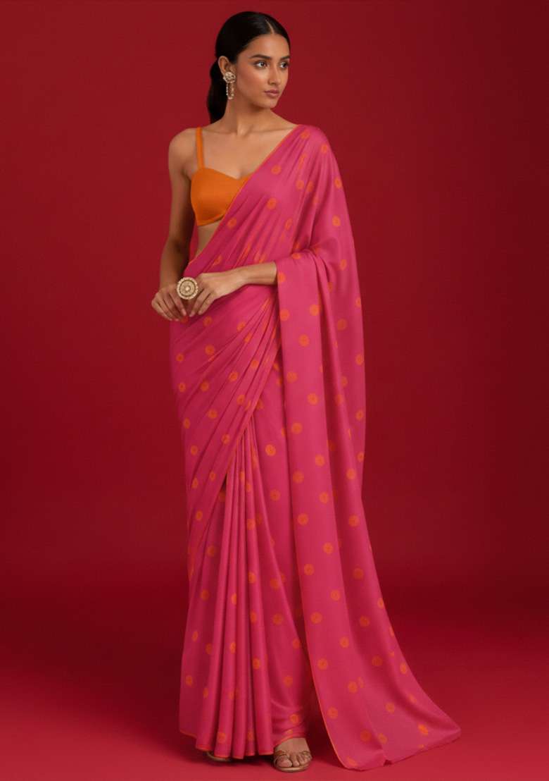 Blush Pink Floral Print Satin Pre Draped Saree Set - Indya