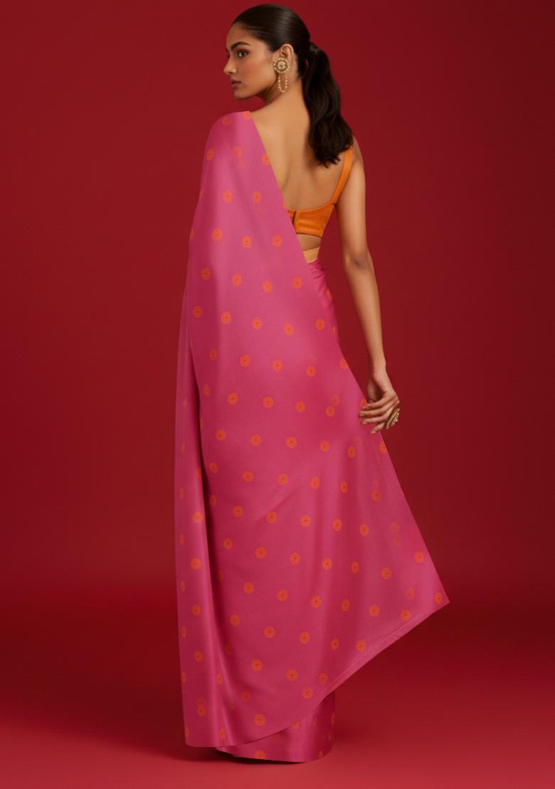 Blush Pink Floral Print Satin Pre Draped Saree Set - Indya