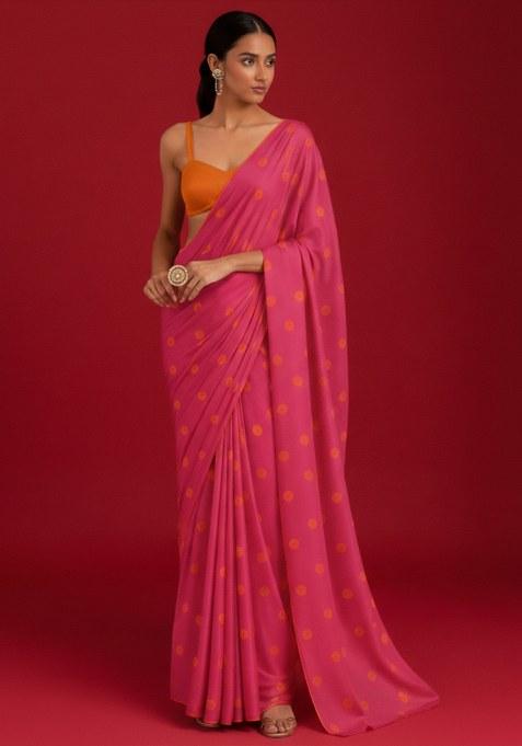 Blush Pink Floral Print Satin Pre Draped Saree Set