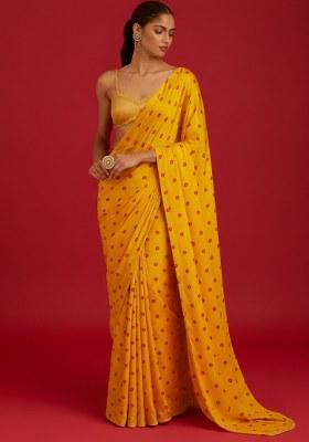 Yellow Floral Print Satin Pre Draped Saree Set
