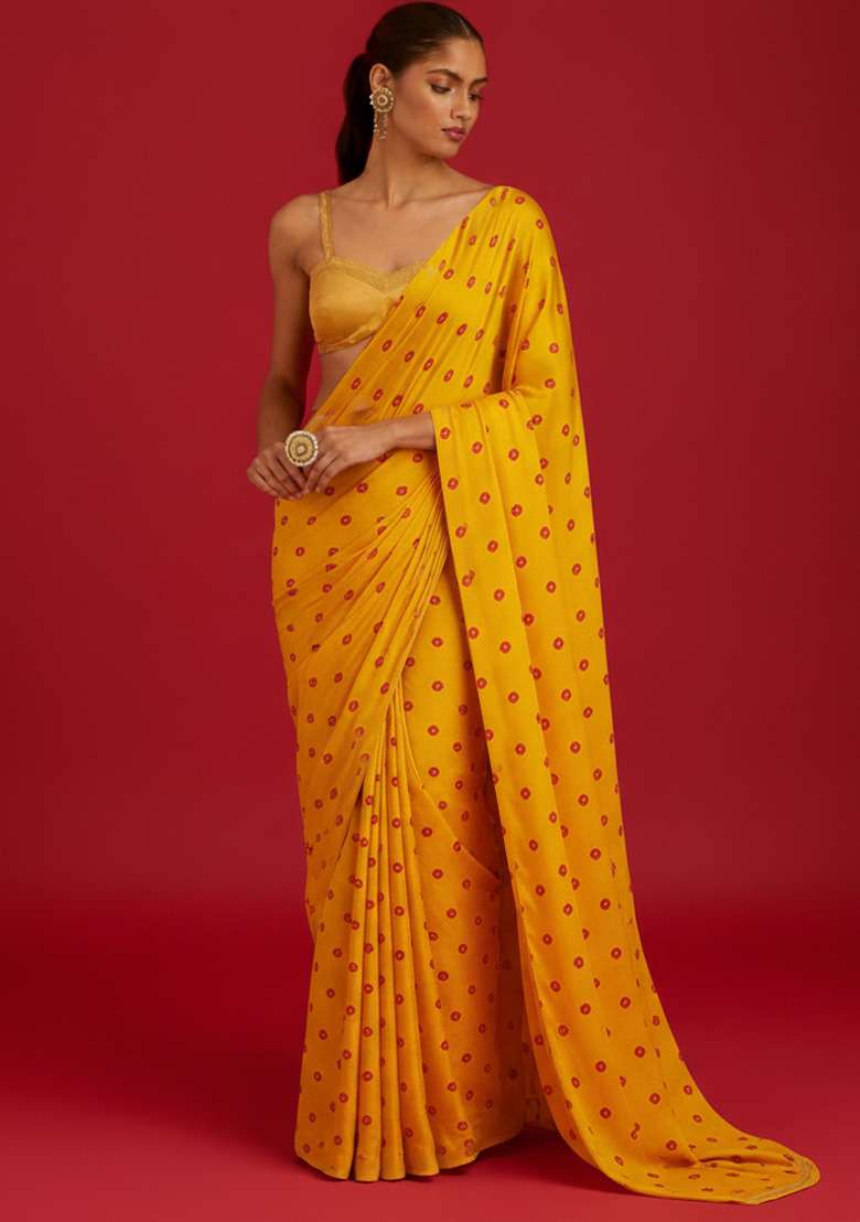 Yellow Floral Print Satin Pre Draped Saree Set - Indya