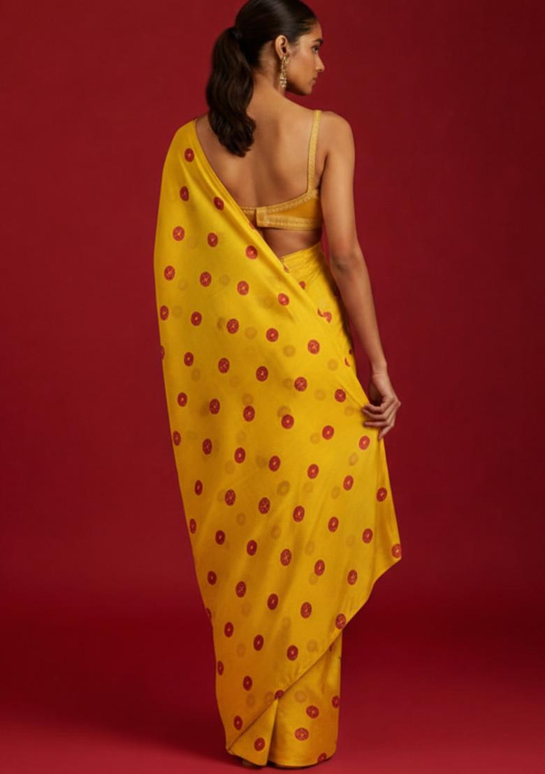 Yellow Floral Print Satin Pre Draped Saree Set - Indya