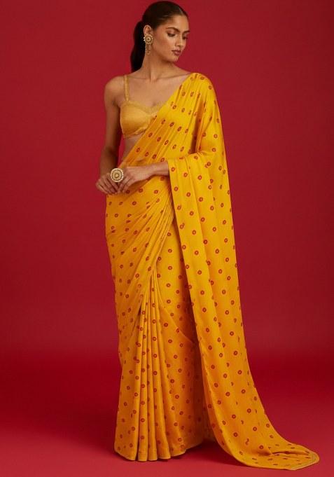 Yellow Floral Print Satin Pre Draped Saree Set