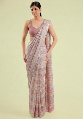 Blush Pink Embellished Georgette&nbsp; Pre Draped Saree Set