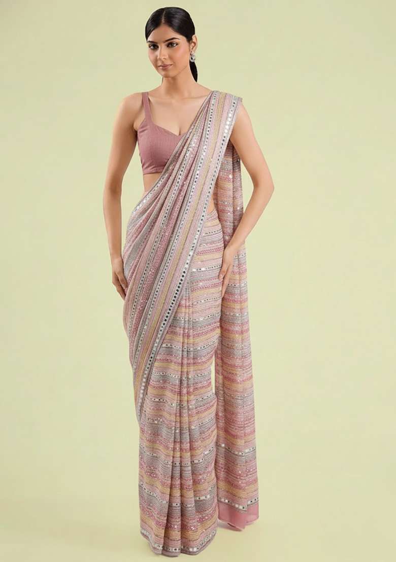 Blush Pink Embellished Georgette&nbsp; Pre Draped Saree Set - Indya