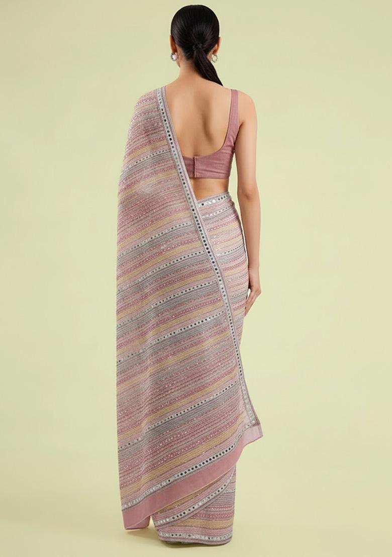 Blush Pink Embellished Georgette&nbsp; Pre Draped Saree Set - Indya