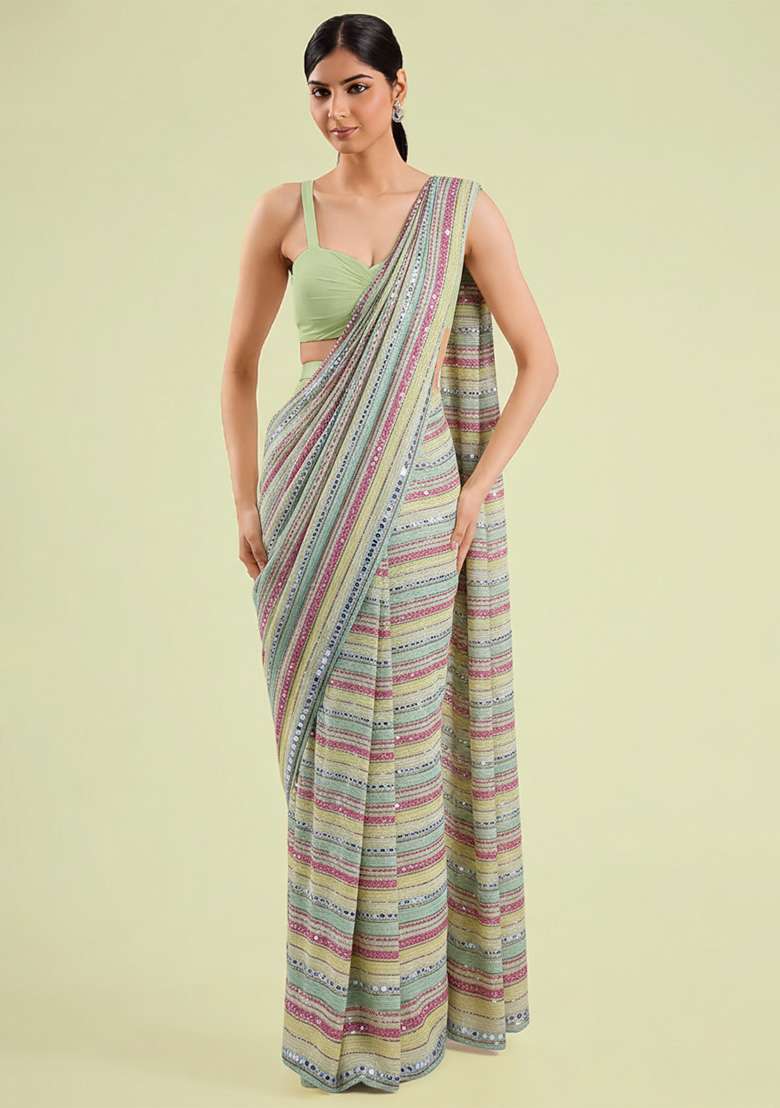 Pista Green Embellished Georgette&nbsp; Pre Draped Saree Set - Indya