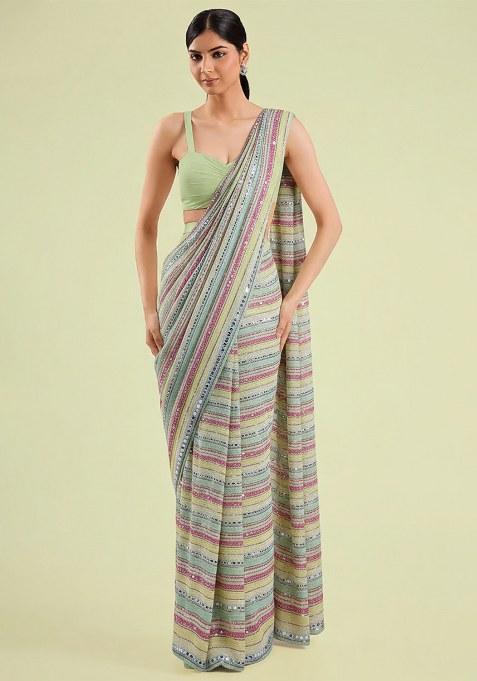 Pista Green Embellished Georgette&nbsp; Pre Draped Saree Set