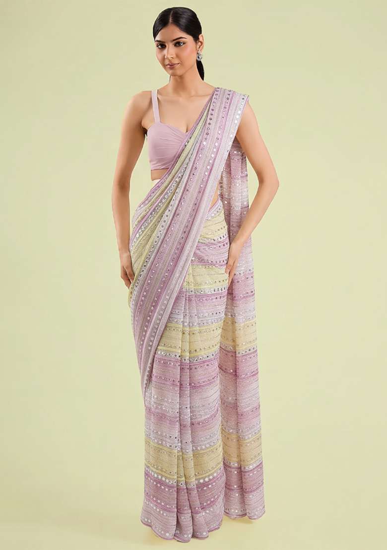 Blush Pink Embellished Georgette&nbsp; Pre Draped Saree Set - Indya