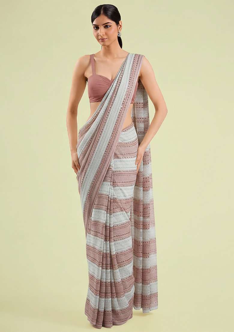 Dusty Pink Embellished Georgette&nbsp; Pre Draped Saree Set - Indya