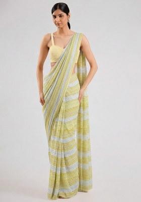 Pastel Yellow Embellished Georgette&nbsp; Pre Draped Saree Set