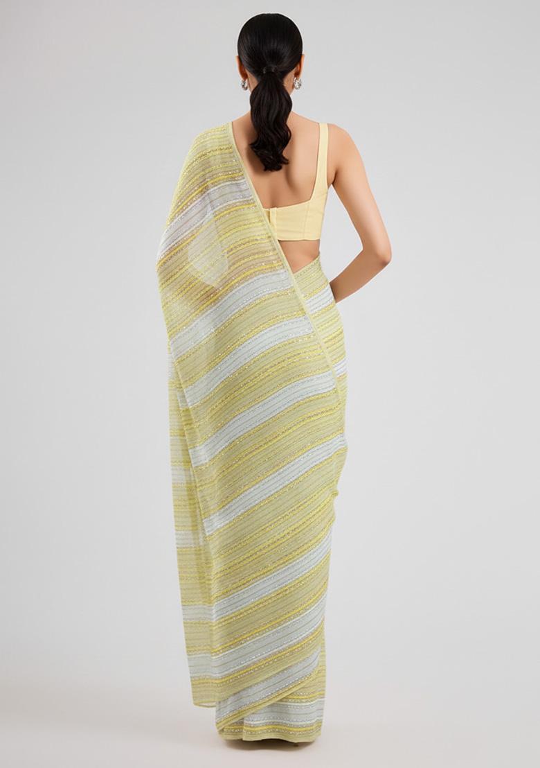Pastel Yellow Embellished Georgette&nbsp; Pre Draped Saree Set - Indya