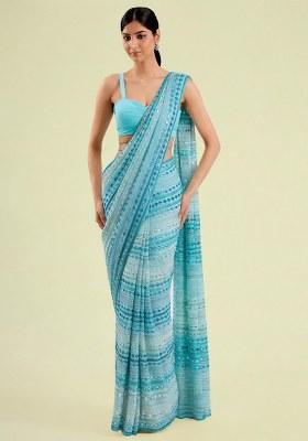 Aqua Blue Embellished Georgette&nbsp; Pre Draped Saree Set
