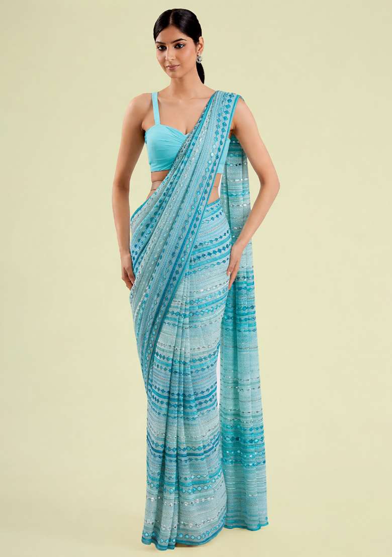 Aqua Blue Embellished Georgette&nbsp; Pre Draped Saree Set - Indya