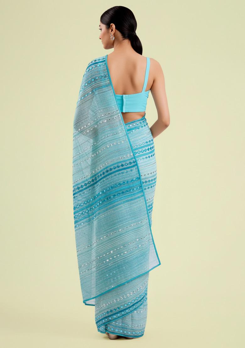 Aqua Blue Embellished Georgette&nbsp; Pre Draped Saree Set - Indya