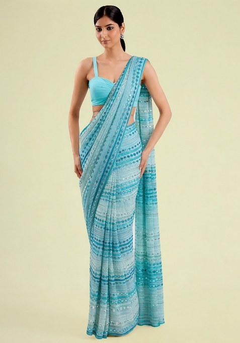 Aqua Blue Embellished Georgette&nbsp; Pre Draped Saree Set