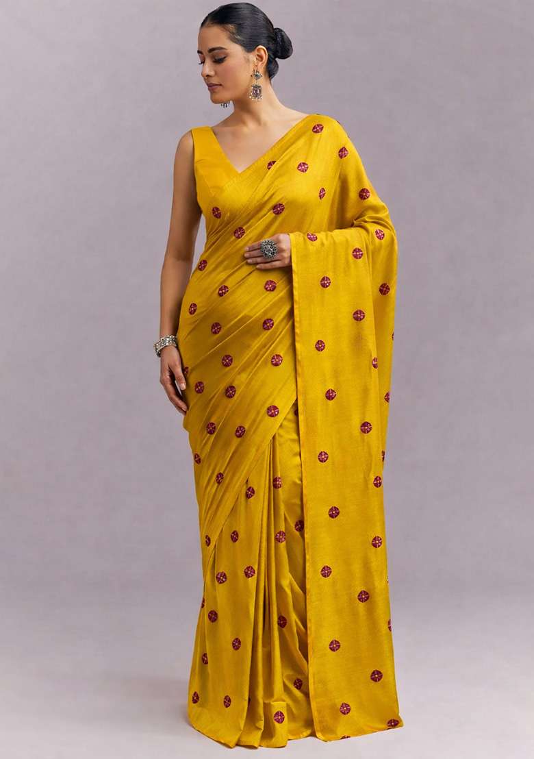 Mustard Printed Satin Pre Draped Saree Set - Indya