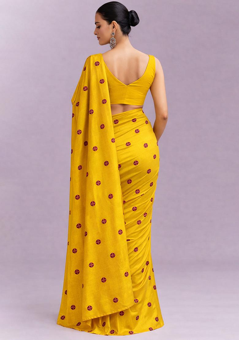 Mustard Printed Satin Pre Draped Saree Set - Indya